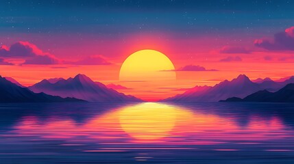 Colorful sunset over mountains reflecting on calm water