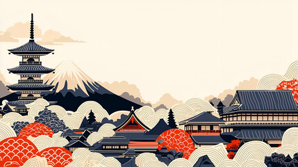 Elegant Japanese Landscape with Mountain and Traditional Architecture