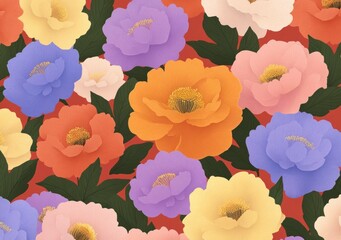 Vibrant floral pattern featuring peonies in a variety of colors, ideal for spring decor and design projects Bold hues create a lively and uplifting atmosphere