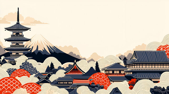 Elegant Japanese Landscape with Mountain and Traditional Architecture
