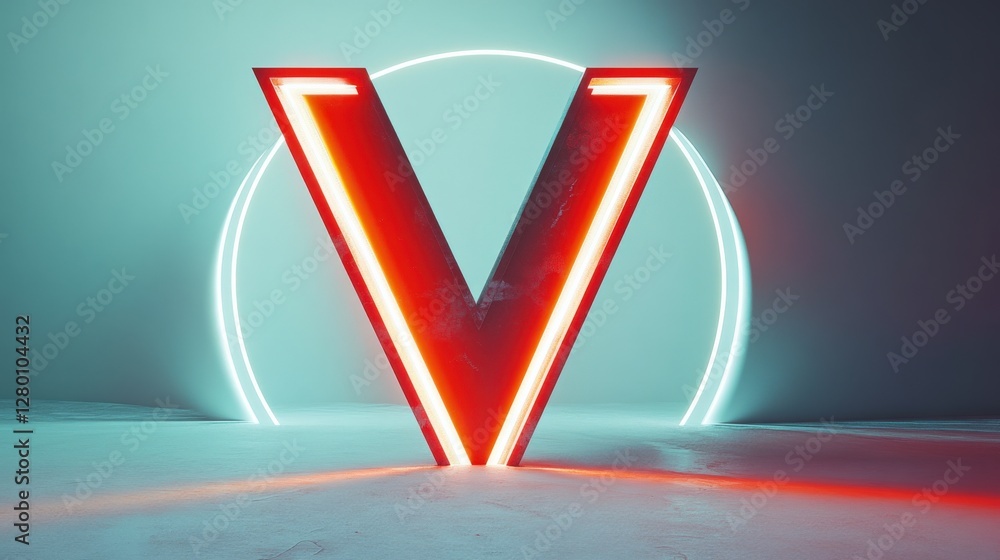 Poster neon illuminated letter v against a gradient backdrop with a circular light in the background