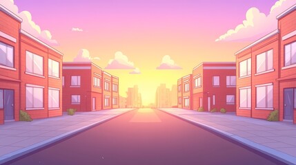 Tranquil pixel art town street vista featuring brick buildings at sunrise offering nostalgic charm and minimalist aesthetics