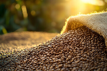 Obraz premium Aromatic coffee beans spill from a burlap sack under the warm sunlight