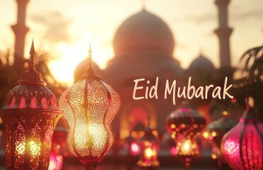 Sunrise glowing over a simple mosque with Eid Mubarak in delicate lettering and lanterns.