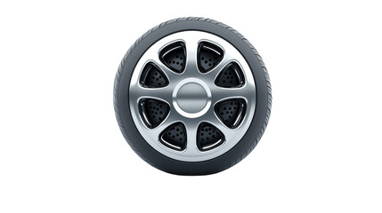 Fototapeta premium Car wheel isolated on a white background with a shiny alloy rim and black rubber tire