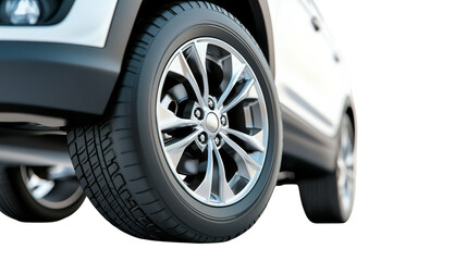 A black car wheel with a shiny chrome rim is isolated on a white background