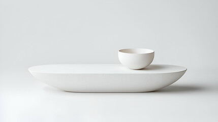 Minimalist White Bowl on Modern Oval Plate Against Light Background