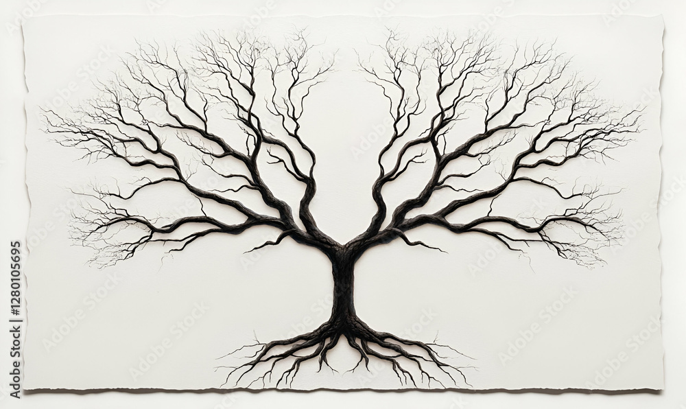 Poster Intricate Black Tree Design with Bare Branches and Roots on Paper