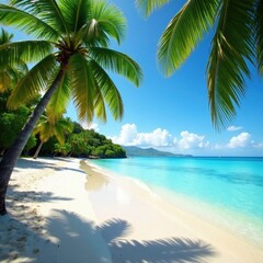 Lush palms arch over pristine sandy beach meeting crystal clear water , holiday, tropical