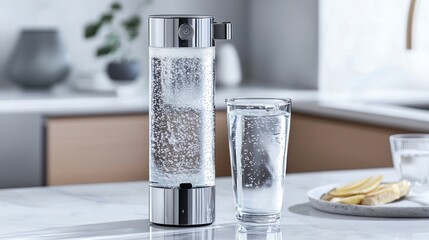 Sparkling water maker with carbonated water in glass.