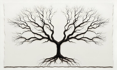 Fototapeta premium Intricate Black Tree Design with Bare Branches and Roots on Paper