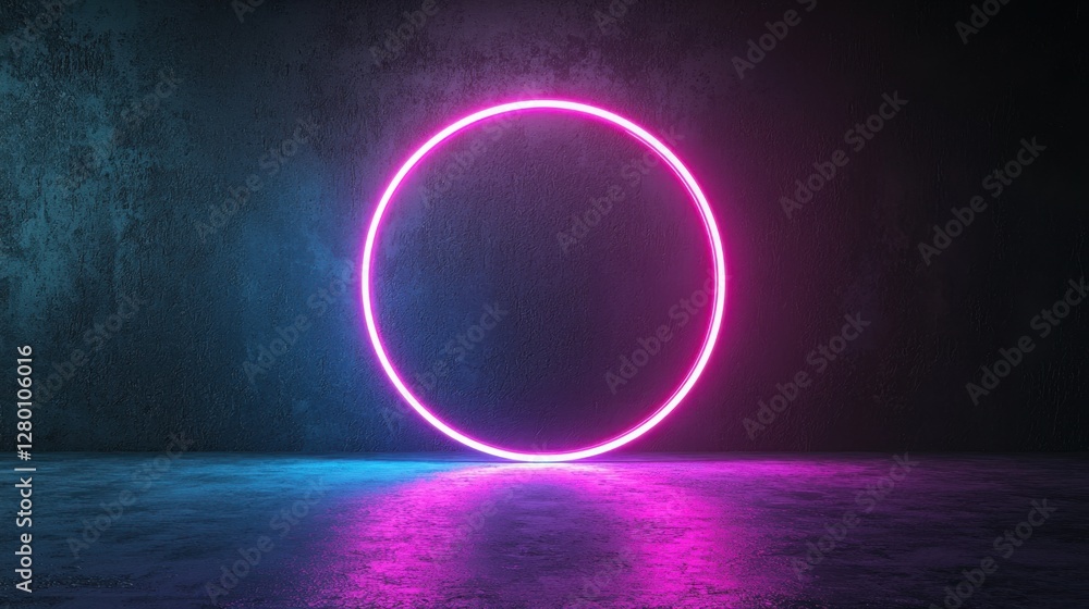 Poster vibrant neon circle against textured wall in dark studio setting creating a captivating light effect