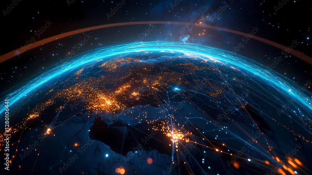 Poster global network connections in a 3d earth rendering