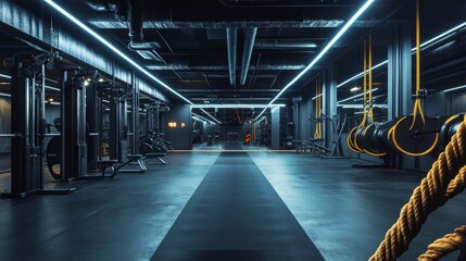 Fototapeta premium HIIT workout with battle ropes and squat pulses in a spacious fitness center. Featuring cardiovascular endurance and lower body strength