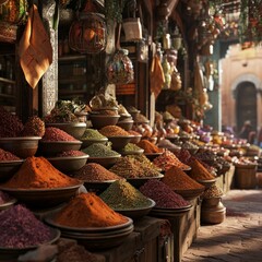 Fototapeta premium Vibrant spice market in sunlit corridor with assorted colors