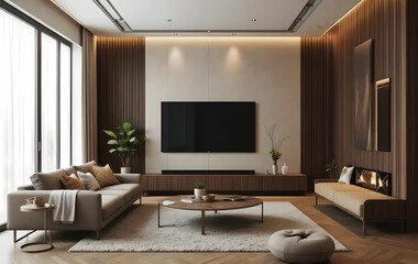 Contemporary TV Space in Brown Mocha Mousse 2025 Tones – A well-balanced design with wooden textures, soft lighting, and sleek furniture, creating a relaxing and stylish environment