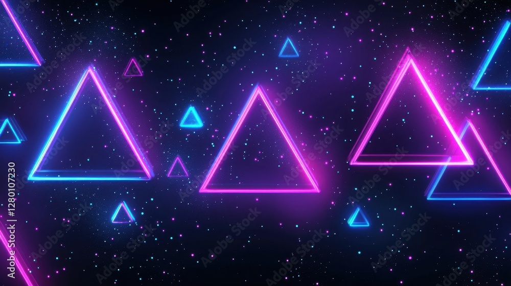Poster vibrant neon triangles in cosmic space with stars and colorful gradient background for futuristic an