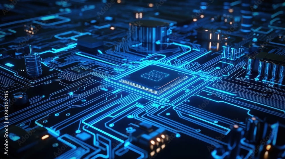 Aufkleber futuristic abstract close-up of a complex circuit board with glowing blue lines and microchips on a 
