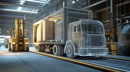 Naklejka premium Large modern warehouse with forklifts Generative AI 