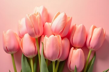Fototapeta premium Pink tulips on a pink background. Top view flat