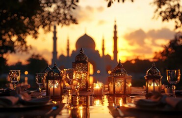 Golden hour light illuminates mosque silhouette with nearby lanterns and candles on table.