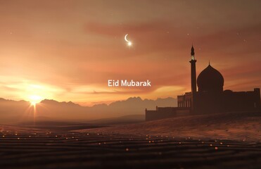 Obraz premium Twilight desert scene with a mosque, star above, and Eid Mubarak written in the sand.