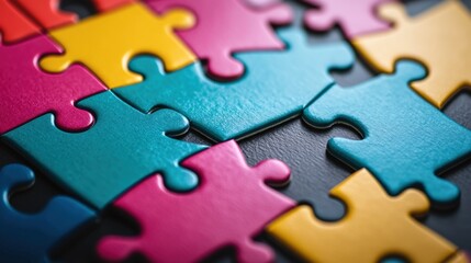 Fototapeta premium Colorful puzzle pieces scattered on a dark surface, showcasing vibrant hues and textures