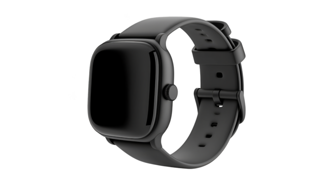 Black smart watch closeup on white background