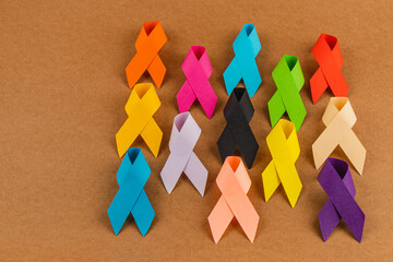 Colorful awareness ribbons representing various health campaigns and causes