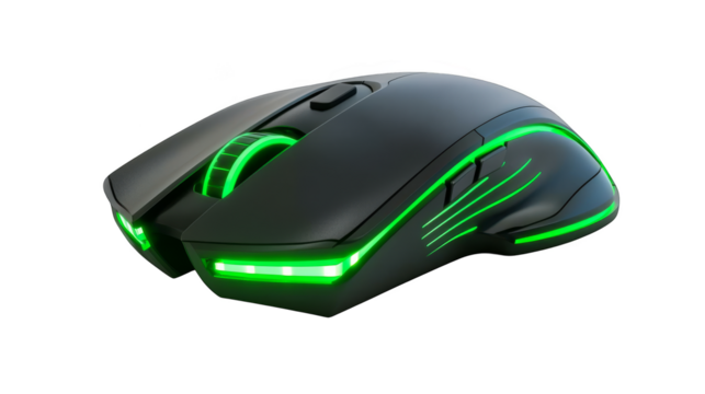 Wireless computer mouse on a white background with black and silver design