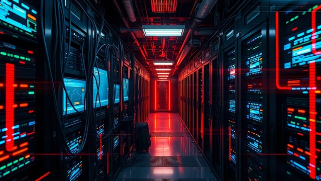 A high-tech server room with wires and screens flickering, glitch effects distorting reality as if the digital world is leaking into the physical space - Powered by Adobe