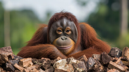 Obraz premium Environmental crisis. Orangutan resting on logs in a natural setting.