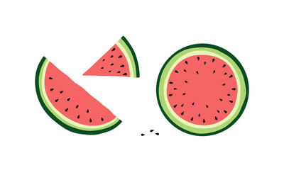 Watermelon, a set of different sliced pieces, hand-drawn, isolated on white, flat design, vector. A simple color illustration of a sweet juicy summer dessert. An element for decoration, celebration