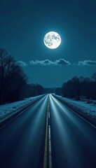 The moon casts a silver glow over the empty three-lane highway at night, cold, landscape, moon