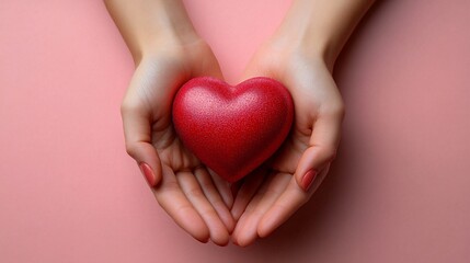 Obraz premium A pair of hands gently cradling a vibrant red heart on a soft pink background, perfect for Valentine's Day, Mother's Day, or women's empowerment themes.