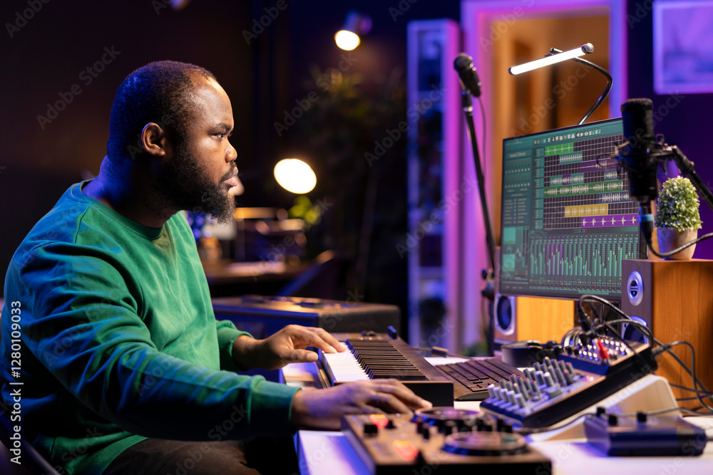 Poster Music engineer producing a song by mixing and mastering tunes on audio console, playing piano notes on synthesizer to record sounds on pc software. Producer creating soundtracks with midi controller.