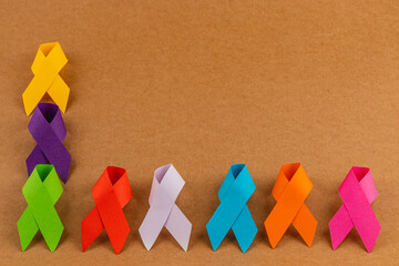 Diverse colorful awareness ribbons representing various health campaigns