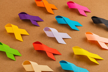 Colorful awareness ribbons representing various health campaigns