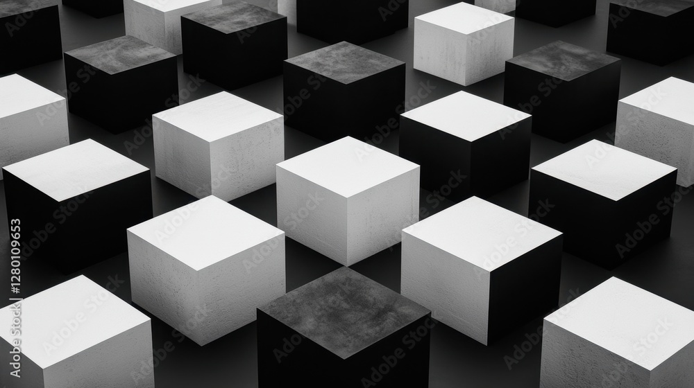 Poster black and white cubes arranged in a geometric pattern creating a modern and minimalist abstract back