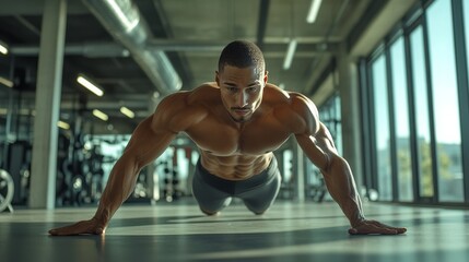 HIIT workout with bicycle crunches in a bright gym. Featuring core strength and stability