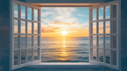 Sunset Seascape Through Open Window: A Serene Coastal View © Flain