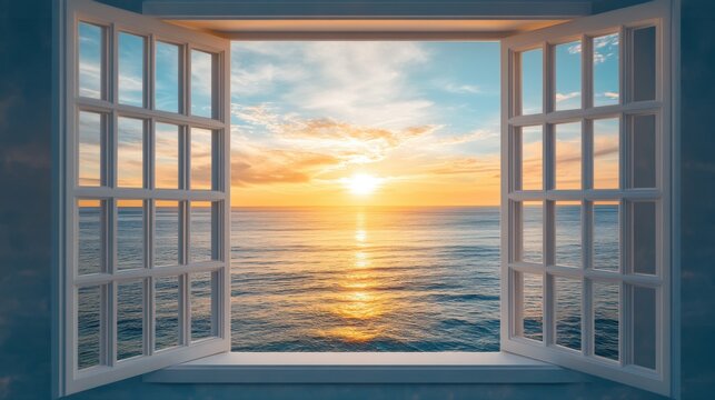 Fototapeta Sunset Seascape Through Open Window: A Serene Coastal View