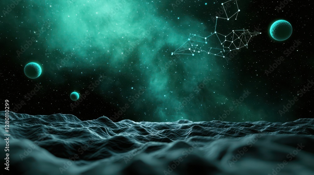 Poster a cosmic landscape featuring dark waves under a glowing teal sky, with distant planets and star cons