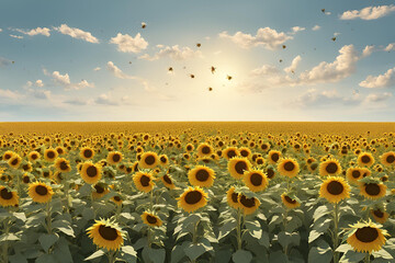 A sunflower field and bees buzzing around the flowers. Agriculture, bees, sunflower