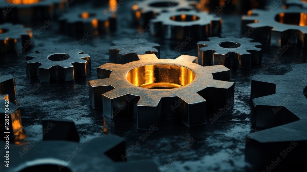 Poster close-up of metallic gears with glowing centers on a textured surface, creating an industrial ambian