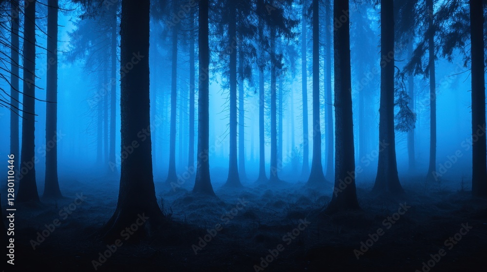 Poster mysterious blue fog enveloping tall trees in an enchanted forest, creating an ethereal atmosphere an