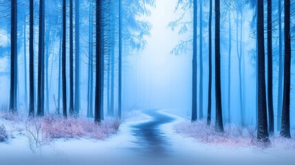 Fototapeta premium Serene Winter Pathway Through Foggy Forest with Blue Hues and Frosty Trees, Inviting Tranquility and Peaceful Journey in Nature's Embrace