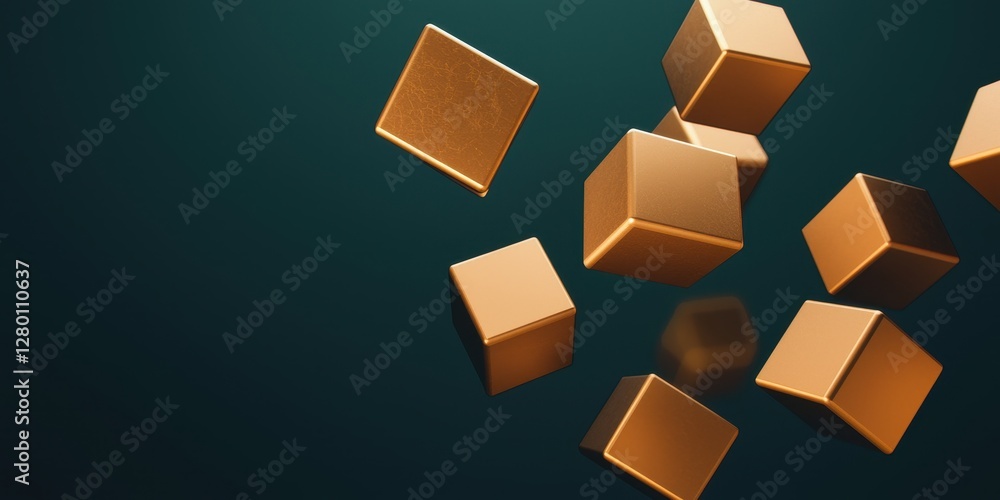 Poster a dynamic arrangement of golden cubes floating against a dark green backdrop, showcasing a sense of 