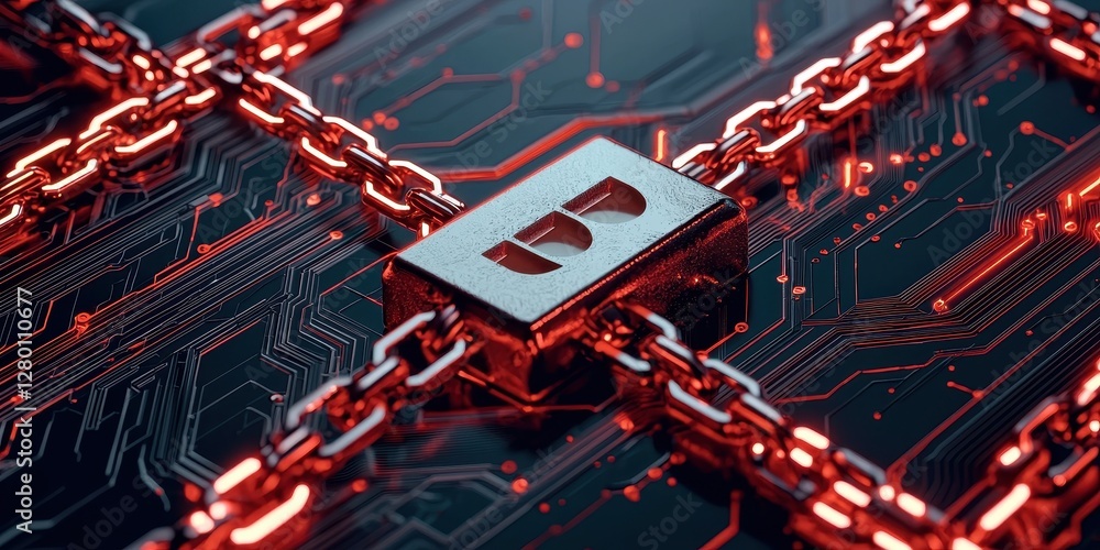 Poster A metallic lock sits on a circuit board, surrounded by red, interconnected chains, symbolizing security and technology.