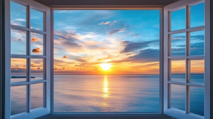 Ocean Sunset View from a Window: A Serene Coastal Panorama